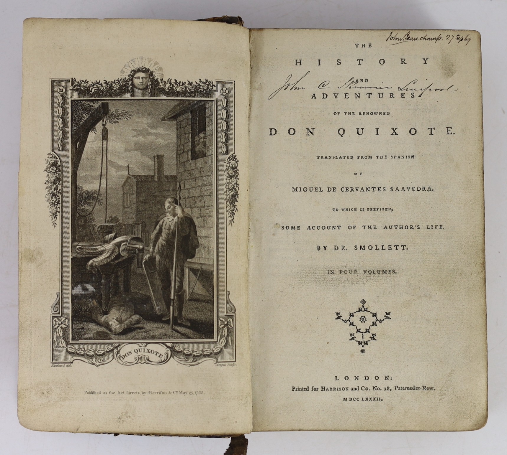 Cervantes, Saavedra, Miguel de - Don Quixote in English, 4 vols in 1, translated by Tobias Smollett, 8vo, with engraved plates, original calf spine cracked, later marbled boards worn at extremities, bookplate of Lord Nap